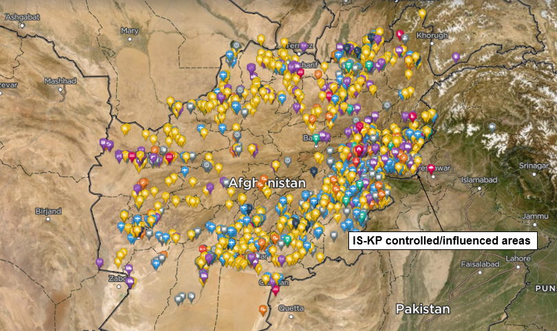 A map of significant incidents across Afghanistan in 2019, highlighting IS-KP controlled areas. 